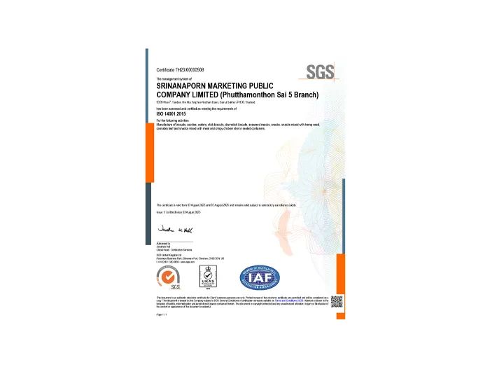 ISO 14001:2015 International Standard Certification Phutthamonthon Sai 5 Branch