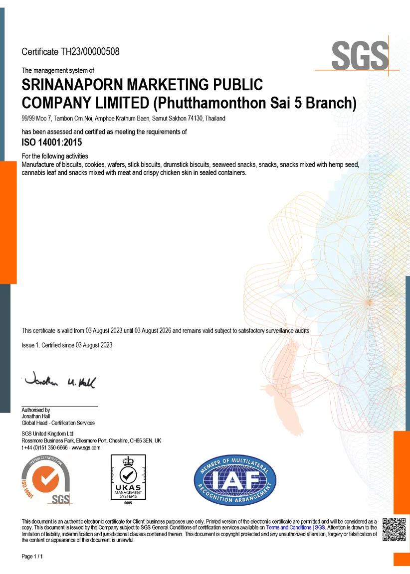 ISO 14001:2015 International Standard Certification Phutthamonthon Sai 5 Branch